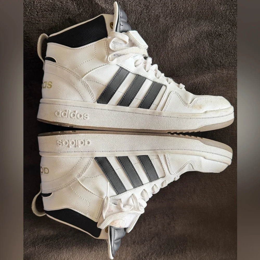 Men’s size 12 Adidas White High-Top Sneakers with Black Stripes - Picture 1 of 10